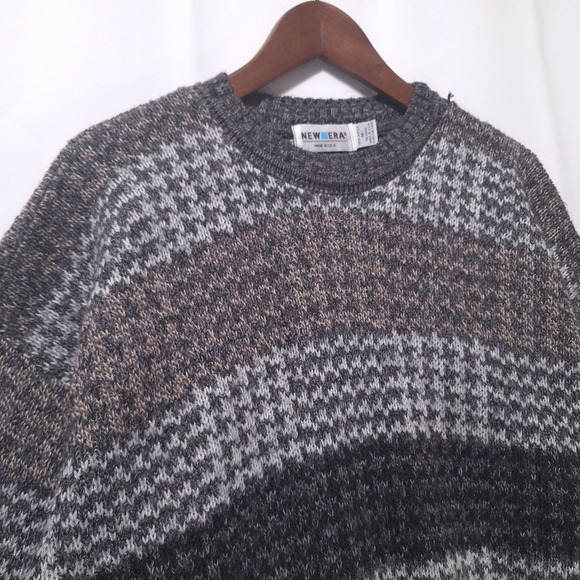 VTG New Era Knit Sweater Mens M USA Made Geometric Crewneck Grandpa Core Retro - Picture 7 of 12
